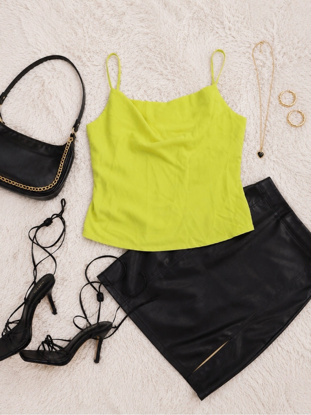 Neon Lime Spaghetti Strap Cowl Neck Tank Top